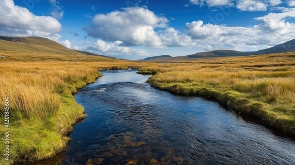 Fototapeta Scenic river flowing through a grassy field with mountains under a blue sky