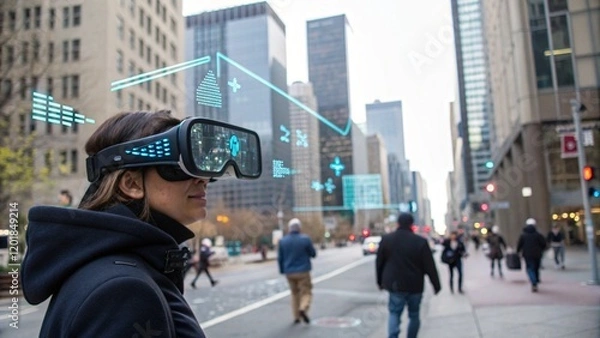 Fototapeta Augmented reality glasses displaying holographic directions in urban settings