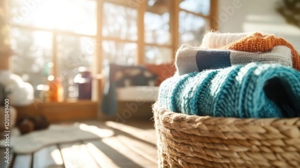 Fototapeta A laundry basket filled with neatly folded towels sits in a sun-lit corner of a cozy room, highlighting warmth and tranquility with sun rays streaming in.