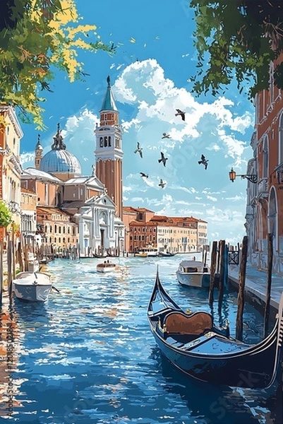 Fototapeta Venice Gondola and Tower Scene on Canal with Birds Flying in Blue Sky Clear Day Light