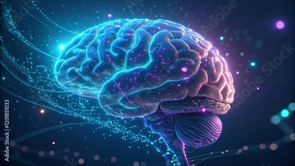 Fototapeta Futuristic AI brain glowing with neon lights, surrounded by digital particles