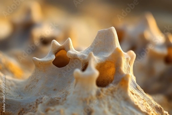 Fototapeta Close-up of porous, light beige bone structure, possibly fossilized, bathed in warm sunlight.
