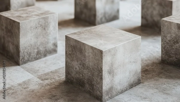 Fototapeta Abstract arrangement of textured concrete cubes in a modern indoor space, showcasing a minimalistic aesthetic and unique geometric patterns, suitable for artistic inspiration.