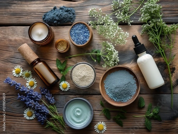 Obraz Skincare routine with organic products on a rustic wooden table, natural beauty