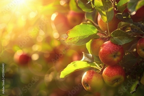 Fototapeta A CloseUp of Apples on a Tree Branch in an Apple Orchard with the Sun Shining Through the Leaves