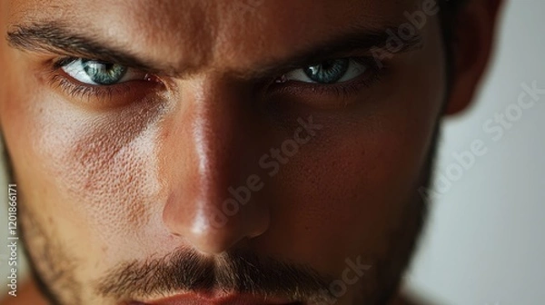 Fototapeta Close-up portrait of a man with intense blue eyes and a serious expression.