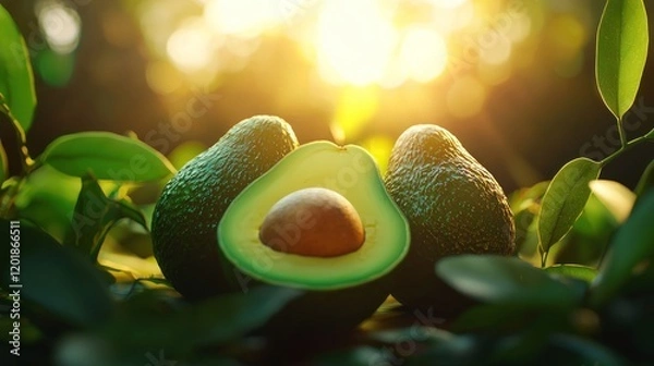 Fototapeta Ripe avocados with seed, sunlight, leaves.