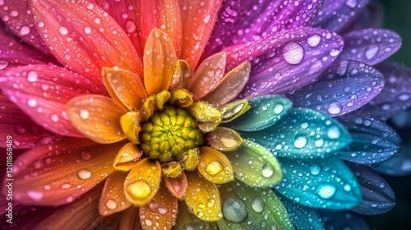 Fototapeta A macro shot of a colorful flower with drops of dew, highlighting the contrast between the vibrant colors and the transparent droplets, evoking a sense of freshness.