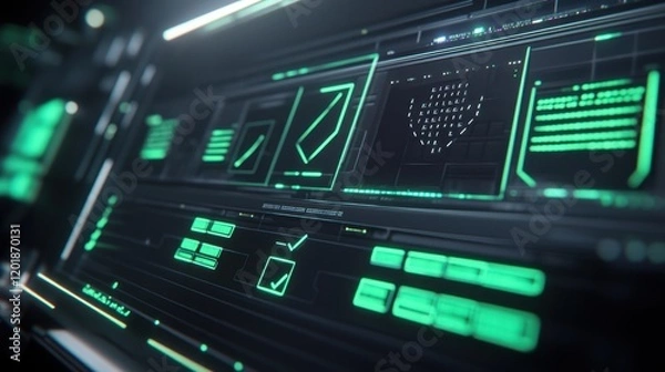 Fototapeta Futuristic interface displaying glowing green data visuals in a high-tech environment at night. Generative AI