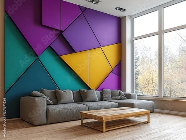 Fototapeta Modern minimalist interior design of a residential living room with walls decorated with color panels and sofa and table. Generative AI
