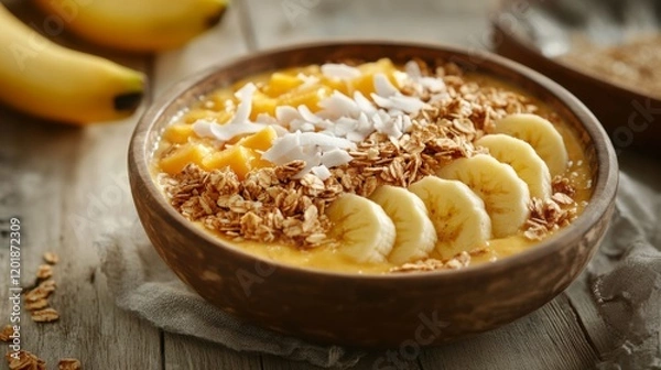 Fototapeta A refreshing fruit smoothie bowl topped with granola, sliced fruits, and coconut flakes, beautifully arranged on a wooden table, perfect for a healthy breakfast.