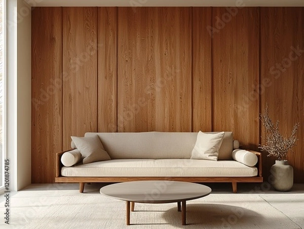 Fototapeta Modern minimalist interior design of a residential living room with wood-finished walls and sofas and tables. Generative AI
