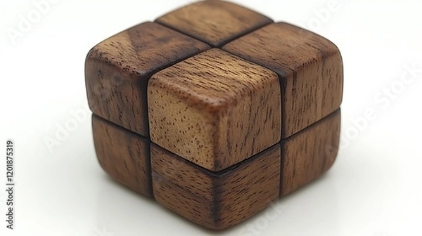Fototapeta A beautifully crafted wooden puzzle box sits gracefully on a white surface, its intricate patterns and smooth edges highlighted by sharp focus. The high contrast between the dark wood and the 