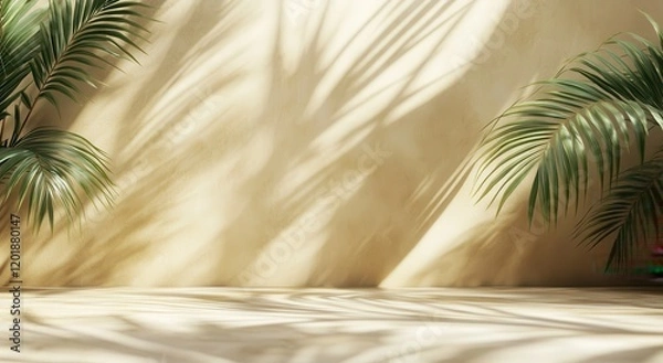 Fototapeta Elegant Indoor Space Showcasing Tropical Plants with Subtle Shadows on a Soft Beige Wall, Ideal for Home Decor or Wellness Content