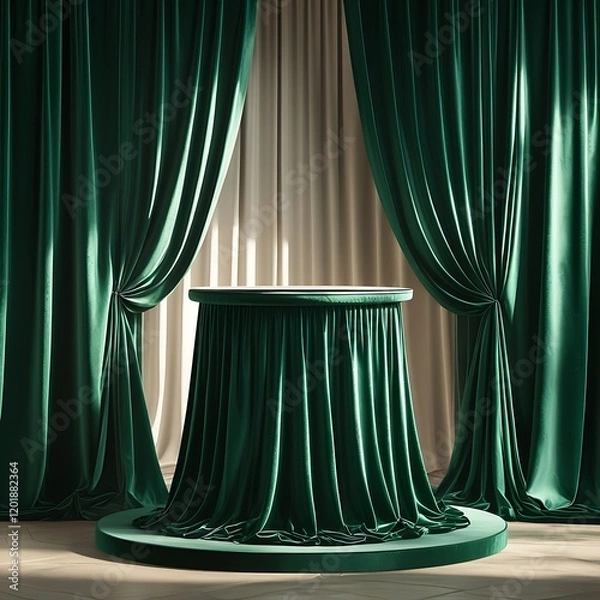 Fototapeta Regal round podium draped in deep emerald green velvet, soft flowing curtains, refined atmosphere.


