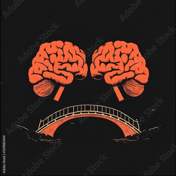 Fototapeta Two Brains Connected By A Bridge Over Darkness In An Artistic Graphic Illustration