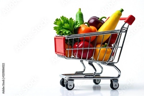 Fototapeta Grocery Shopping Cart with Fresh Produce - AI Photorealistic