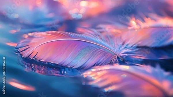 Fototapeta Radiant feathers floating in the air glistening with a soft iridescent shine