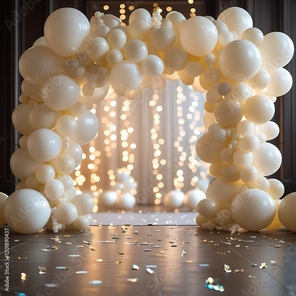 Fototapeta Elegant festive balloon arch with cream and white balloons, golden bokeh lights, and confetti sprinkled on the floor.

