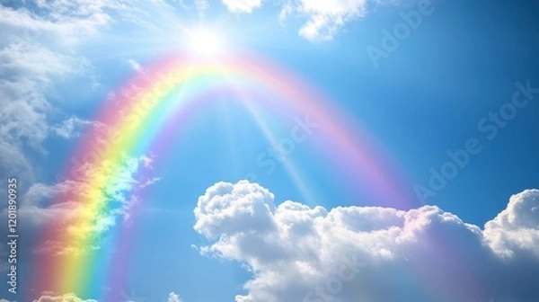 Fototapeta Rainbow arching over a field with clouds, symbol of hope and beauty, vibrant rainbow