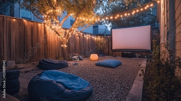 Fototapeta A cozy backyard movie night with a projector, bean bags, and string lights