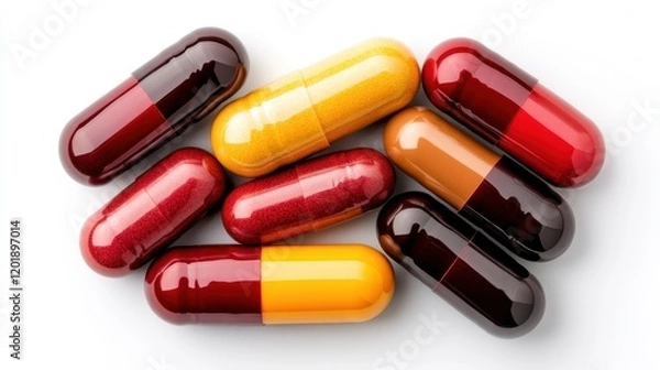 Fototapeta Close-up image of various colorful capsules designed for medication, highlighting the diverse aspects of pharmaceuticals and healthcare advancements in modern society.