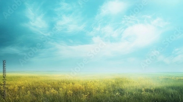 Obraz Vast field of yellow flowers under a bright blue sky with soft clouds creates peaceful mood