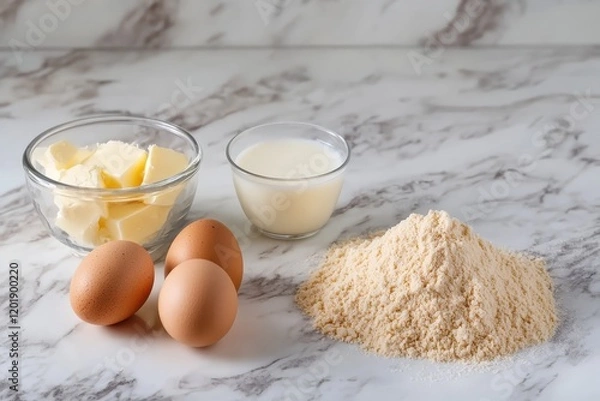 Fototapeta An assortment of essential baking ingredients including eggs, butter, and milk displayed together, emphasizing the foundation of sweet and savory baked goods.