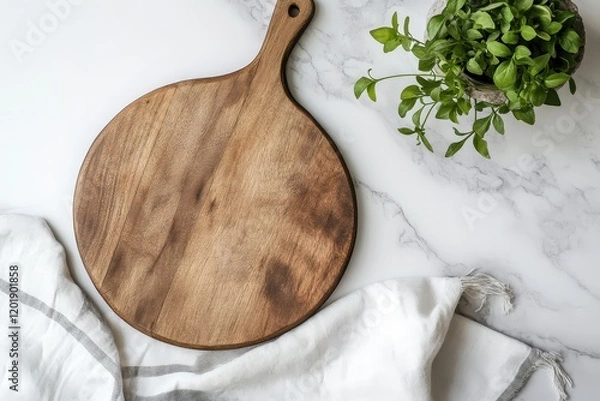 Fototapeta This image features a rustic wooden cutting board alongside fresh herbs, showcasing an inviting kitchen scene ideal for culinary presentations and food photography.