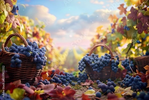 Fototapeta Ultra Quality Picture of a Picturesque Vineyard at Harvest Time with Baskets of Grapes