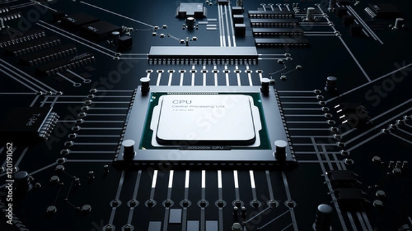 Fototapeta Cpu on a motherboard. technology background. High resolution 3d render