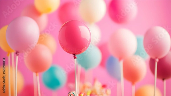 Fototapeta A colorful assortment of balloons against a pink background, creating a festive atmosphere.