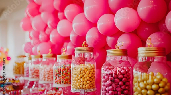 Fototapeta A vibrant candy display with pink balloons, showcasing colorful treats in jars for a celebration.