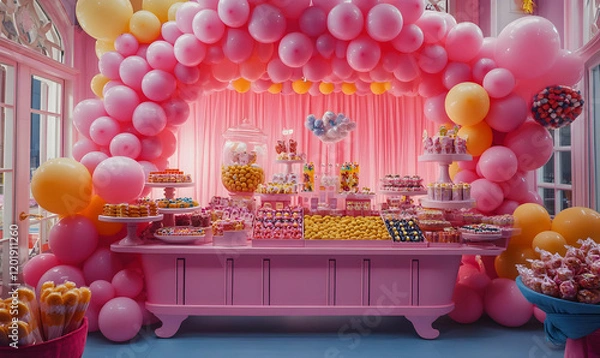 Fototapeta A vibrant candy display adorned with balloons, perfect for celebrations.