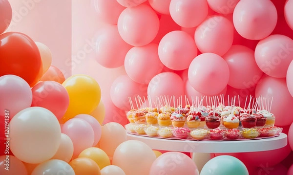 Fototapeta A festive display of colorful cupcakes surrounded by vibrant balloons.