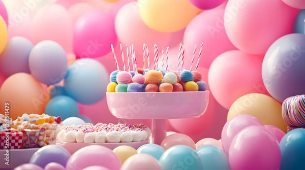 Fototapeta A colorful dessert display featuring cake pops, macarons, and balloons for a festive celebration.