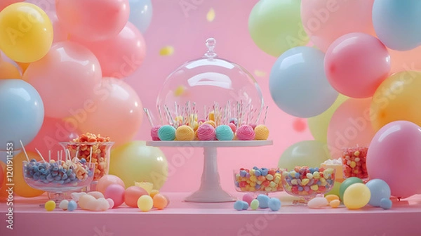 Fototapeta A colorful dessert display with balloons, featuring various candies and treats for celebration.
