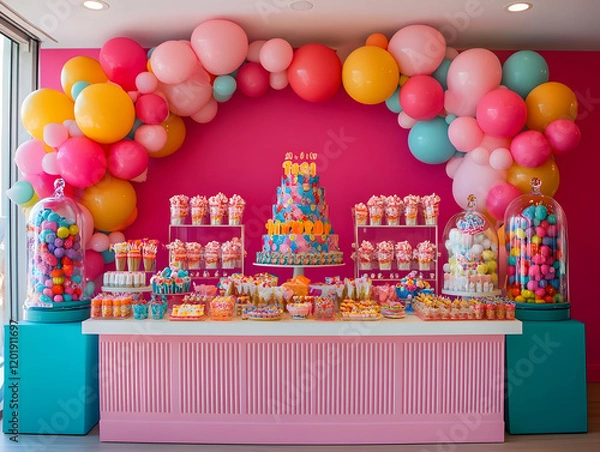 Fototapeta A colorful dessert display featuring balloons, cakes, and sweets for a festive celebration.