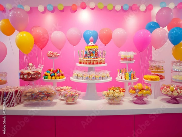 Fototapeta A colorful dessert display with balloons, featuring cakes, candies, and sweets for a celebration.