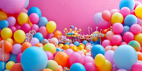 Fototapeta A vibrant scene filled with colorful balloons and a candy display, perfect for celebrations.
