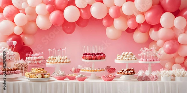 Fototapeta A festive dessert table adorned with pink and white balloons, showcasing various sweet treats.