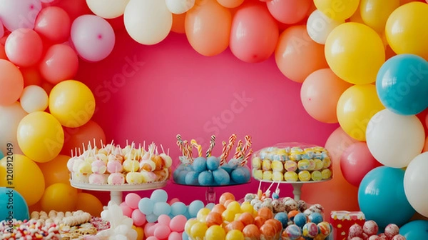 Fototapeta A vibrant party setup featuring colorful balloons and a variety of desserts.