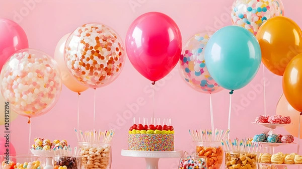 Fototapeta A colorful birthday celebration with balloons, cake, and various sweets against a pink backdrop.
