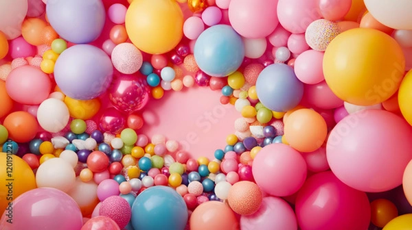 Fototapeta A vibrant arrangement of colorful balloons surrounding a central empty space.