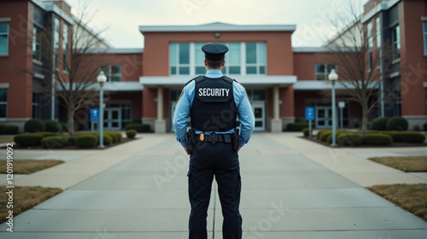 Fototapeta A security guard stands vigilant outside a school, ensuring safety and order on campus.