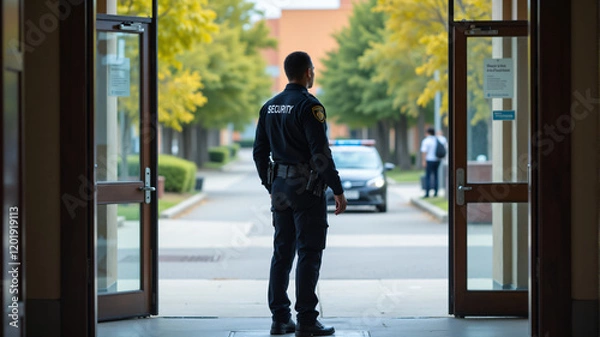 Fototapeta A security guard stands alert outside, ensuring safety in a peaceful, well-maintained area.