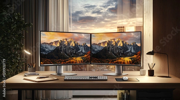 Fototapeta Dual Monitor Setup Stunning Mountain View Workspace