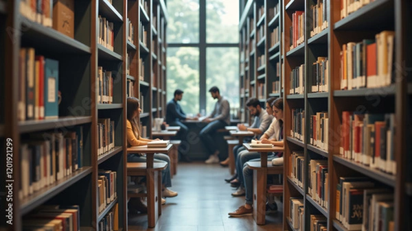 Fototapeta A serene library environment featuring bookshelves, natural light, and focused students at study tables.