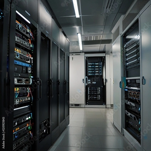 Fototapeta erver rooms,room with servers,data center,,server rack with servers,server rack with cables,server rack in a data center	,Server room with server tower
