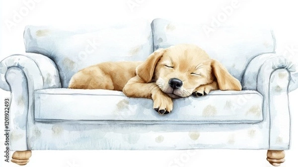 Obraz Pets house with luxury furniture. A sleeping puppy rests peacefully on a cozy couch.